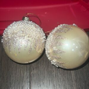 Metallic like gold Christmas ornaments with pearls and glitter